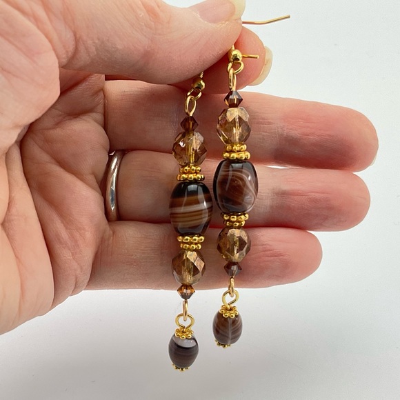 Art Glass Dangle Earrings, Handmade, Vintage Brown Swirl Beads, Crystals, BoHo - Picture 5 of 10